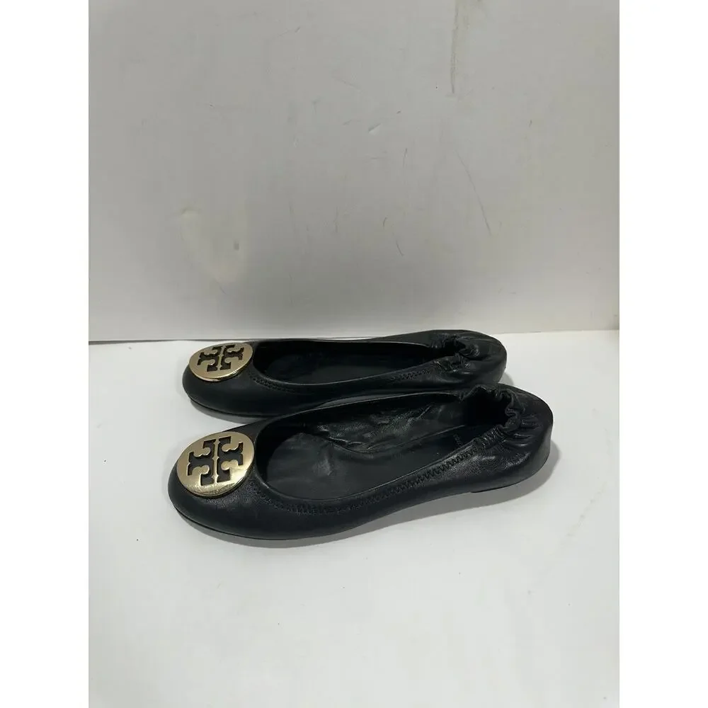 TORY BURCH Reva Ballet Flats Black Gold Medallion Logo‎ Sz 7.5 See Pictures